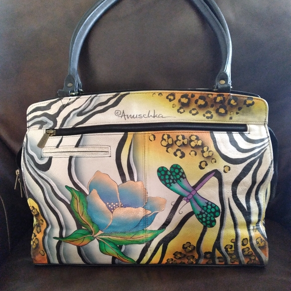 ANUSCHKA BAG LARGE TOTE  HANDPAINTED LEATHER ZEBRA PRINT & WALLET SET - Picture 4 of 15